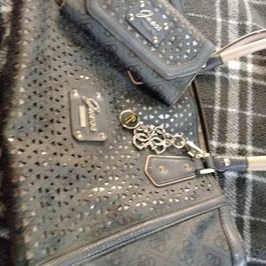 Guess Black and Gold Women's Shoulder Bag and Wallet